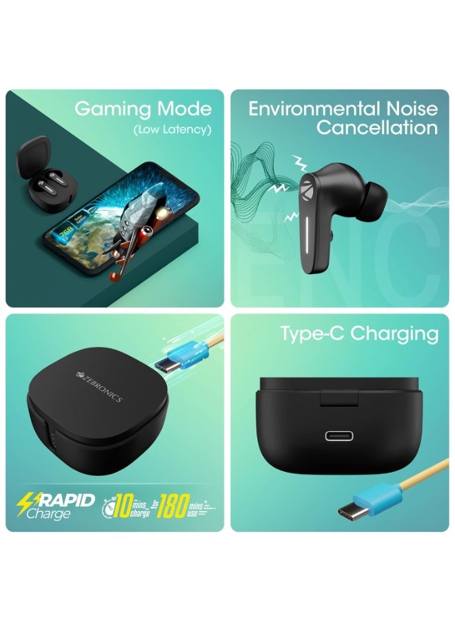 ZEBRONICS Sound Bomb 7 Bluetooth TWS in Ear Earbuds with 60H Playtime, ENC Mic, Rapid Charge, Upto 50ms Gaming Mode, Flash Connect, Voice Assistant, Smooth Touch Control, BT v5.2, Type C (Black) - Image 4